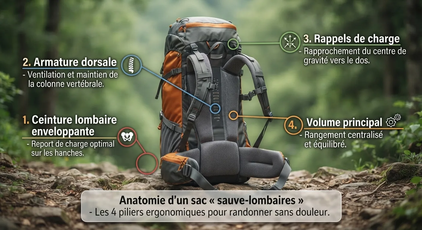 Schéma anatomique des zones clés d'un sac de randonnée pour dos sensible