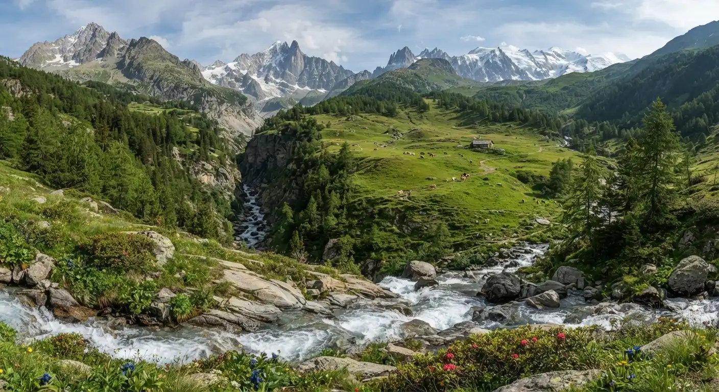 Torrent de montagne limpide traversant des pâturages verdoyants avec les Alpes en arrière-plan