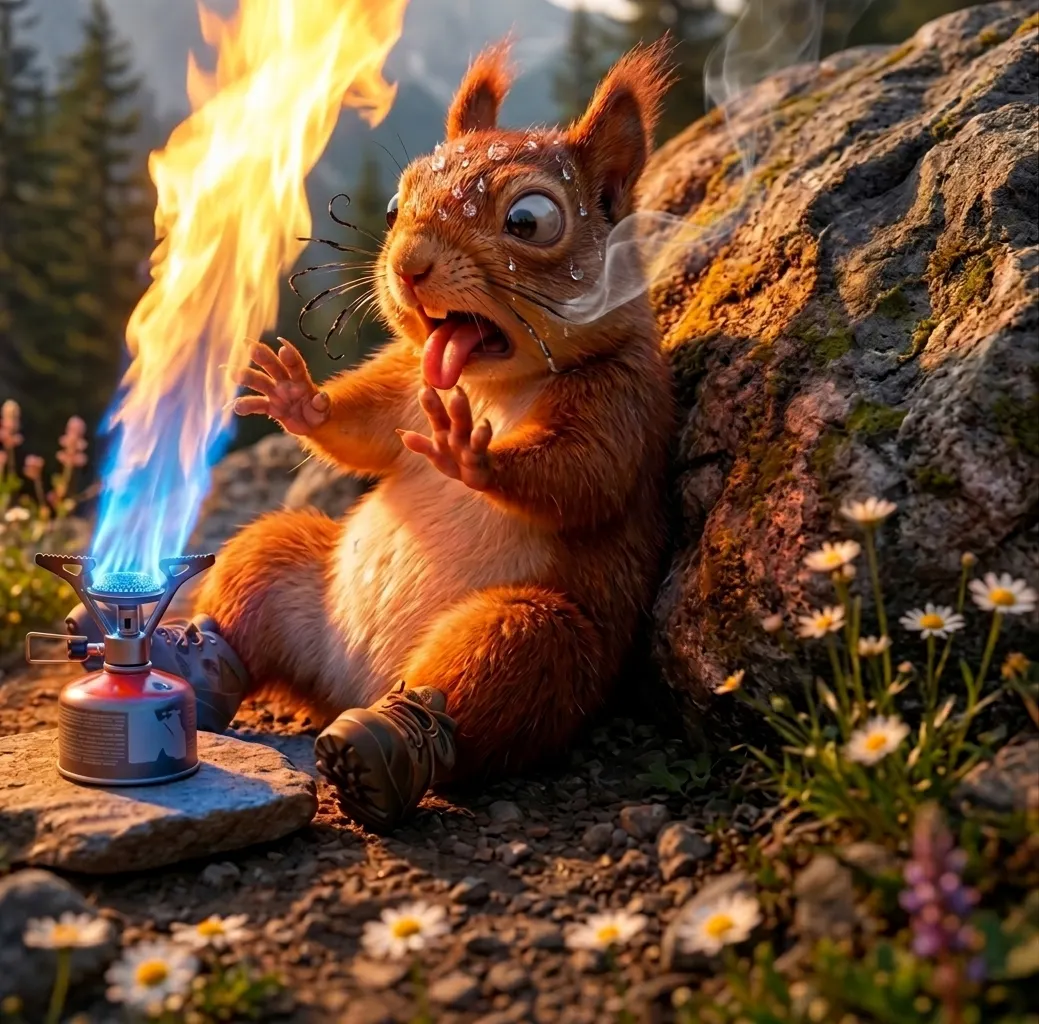 Écureuil surpris par la flamme d'un réchaud à gaz léger en bivouac