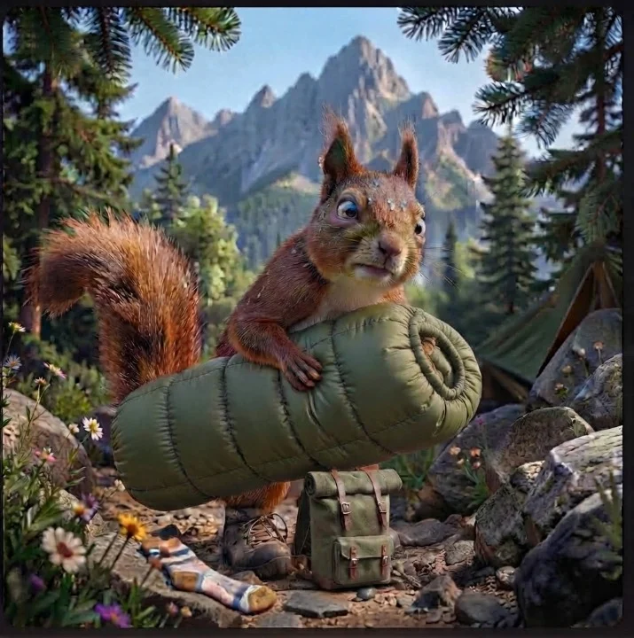 Écureuil aventurier avec son sac de couchage et son sac à dos trop petit