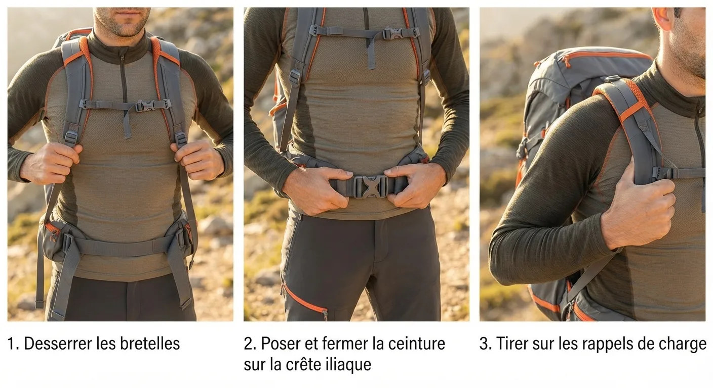 Étapes clés du réglage des sangles et de la ceinture lombaire du sac à dos